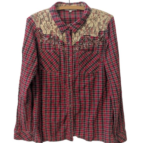 Miss Me Western Plaid Button Rodeo Button Shirt Lace Boho Bling Rhinestone Cross - Picture 1 of 9